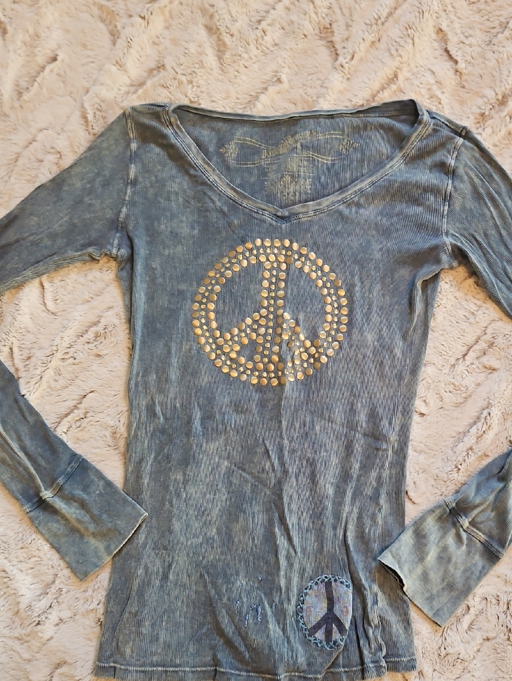 Studded Peace Sign Long Sleeve Tee -  Dark Teal Blue